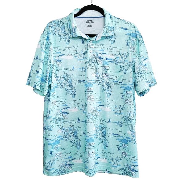 IZOD Saltwater Golf Polo Shirt Green Size Large Polyester All Over Print Shirt - Picture 1 of 4